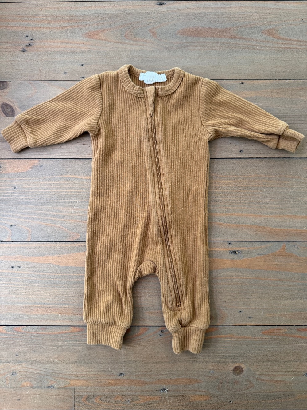 FIRSTS by Petit Lem Ribbed One-Piece Romper in Camel Brown - Newborn